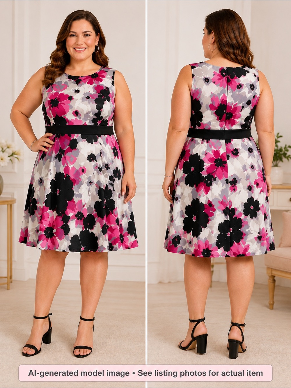 Ricki’s Size 16 Floral A-Line Midi Dress Pink Black Grey